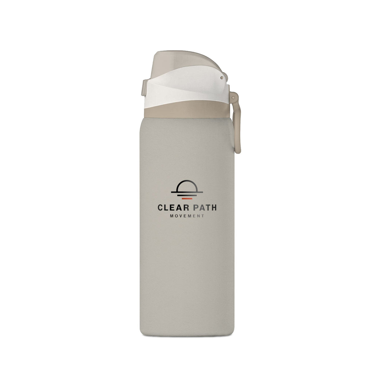 Light neutral 32 oz insulated bottle with the Clear Path Movement logo centered on the front.