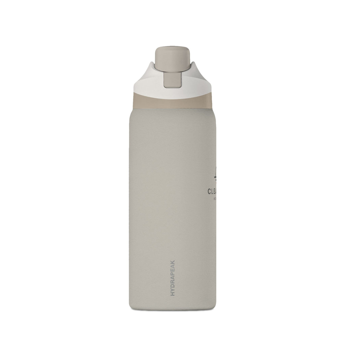 Clear Path 32 oz insulated water bottle in a light neutral finish, shown from the side with a lid and carry handle.