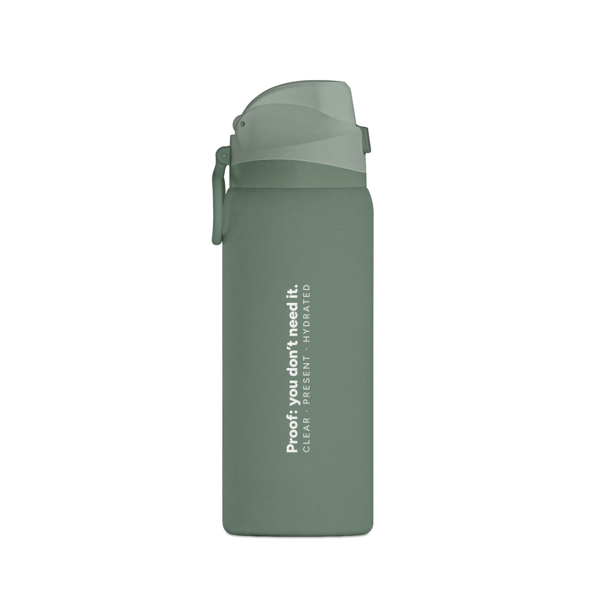 Sage green Clear Path 32 oz bottle with vertical white “Proof you don’t need it.” lettering and a carry handle.