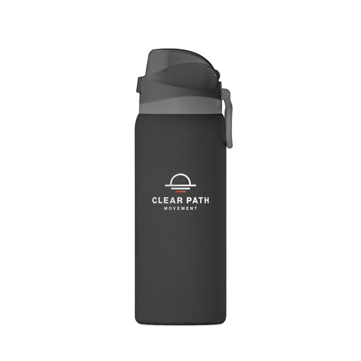 Black 32 oz insulated bottle with the white Clear Path Movement logo centered on the front.