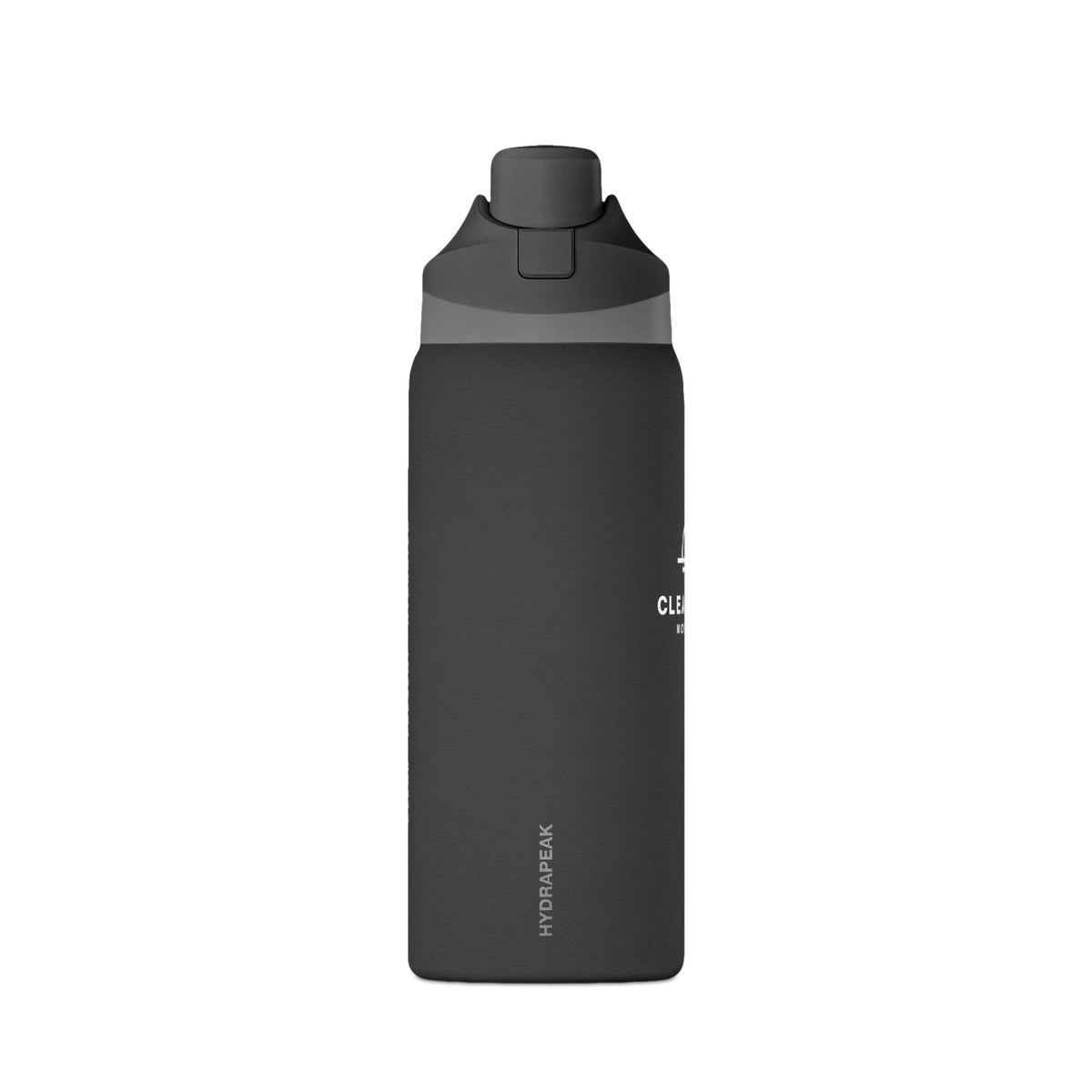 Clear Path 32 oz insulated water bottle in black, shown from the side with a lid and carry handle.