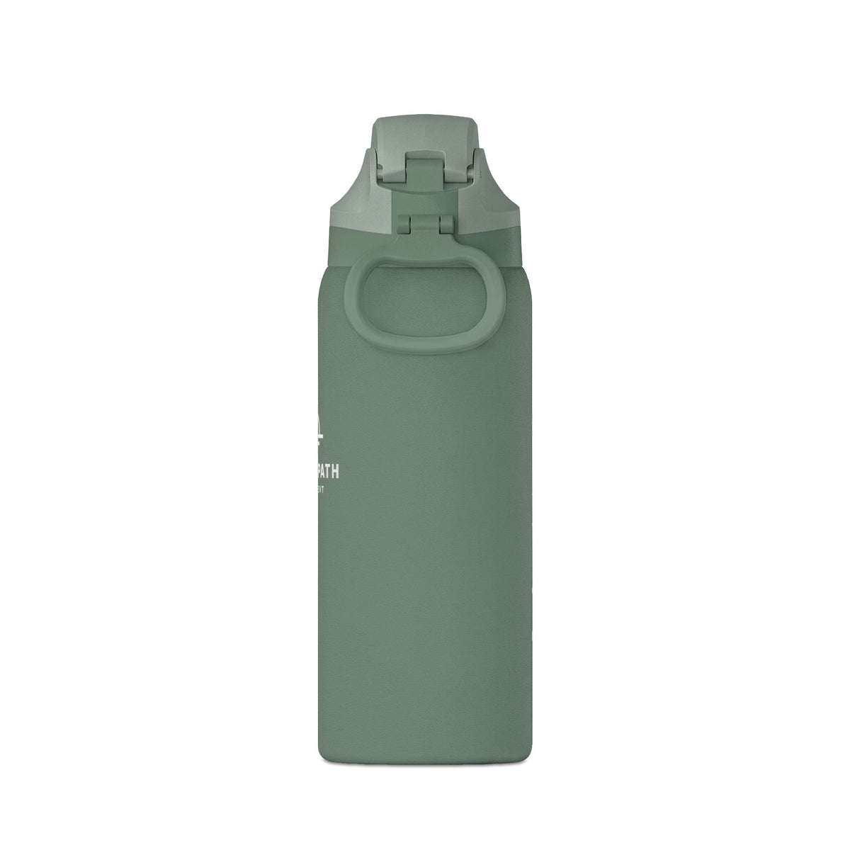 Rear view of a sage green Clear Path 32 oz insulated bottle, showing the matching carry handle and lid.