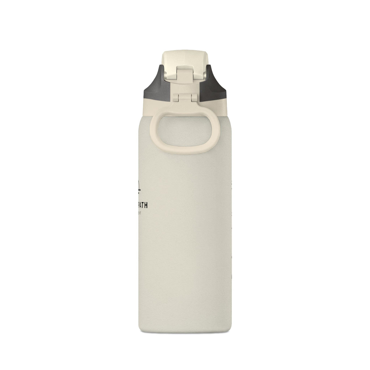 Rear view of an ivory Clear Path 32 oz insulated bottle, showing the carry handle, lid and dark collar.