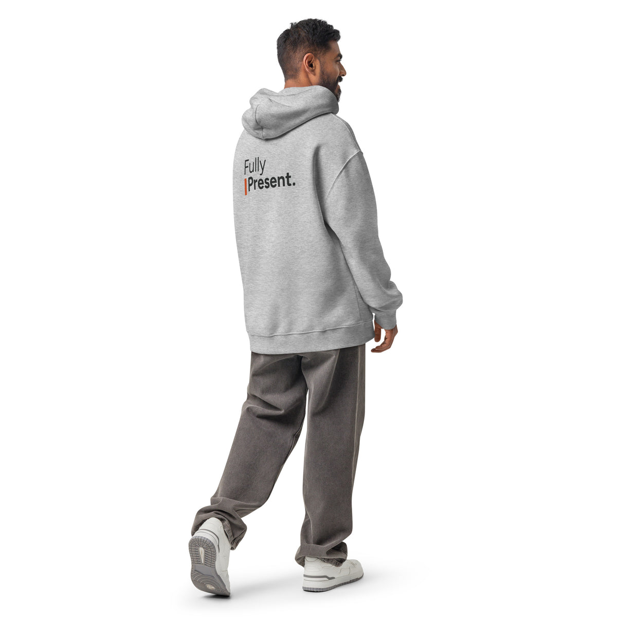 Fully Present hoodie in Athletic Heather, back view with saying graphic.