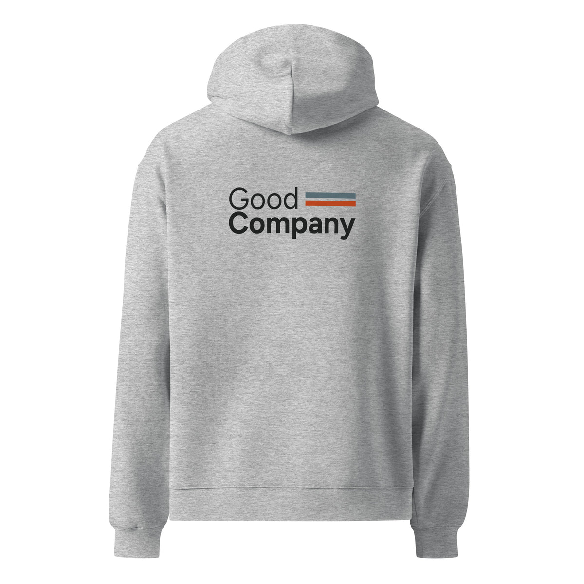 Good Company hoodie in Athletic Heather, back view with saying graphic.