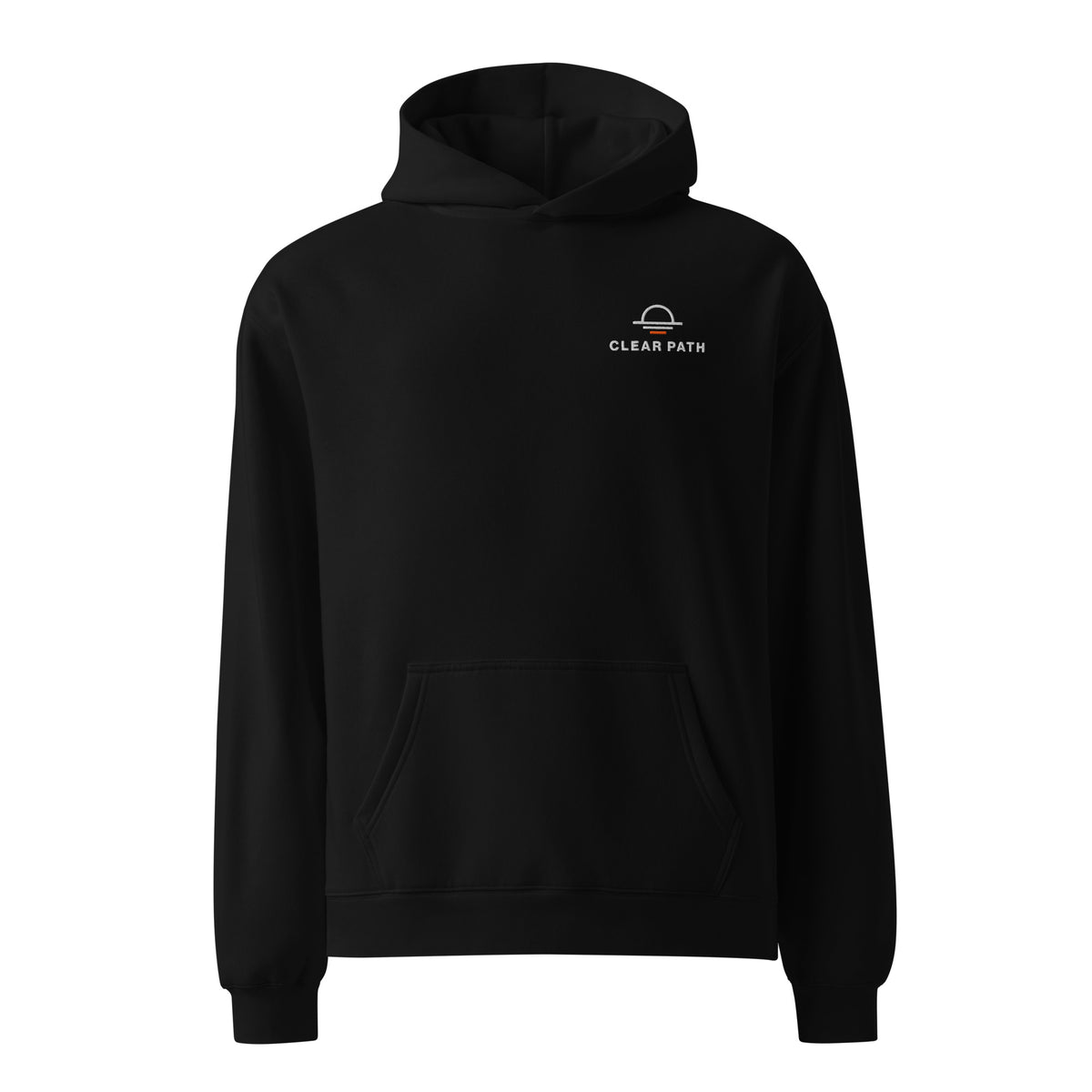 Not Someday. Now hoodie in Black, front view with embroidered Clear Path chest logo.