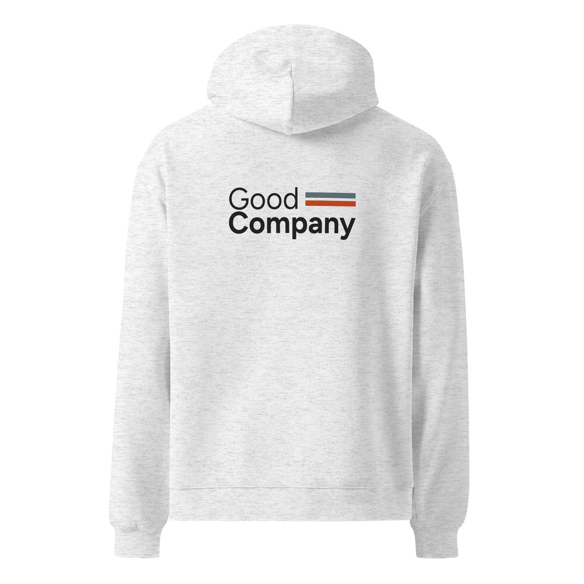 Good Company hoodie in White Heather, back view with saying graphic.