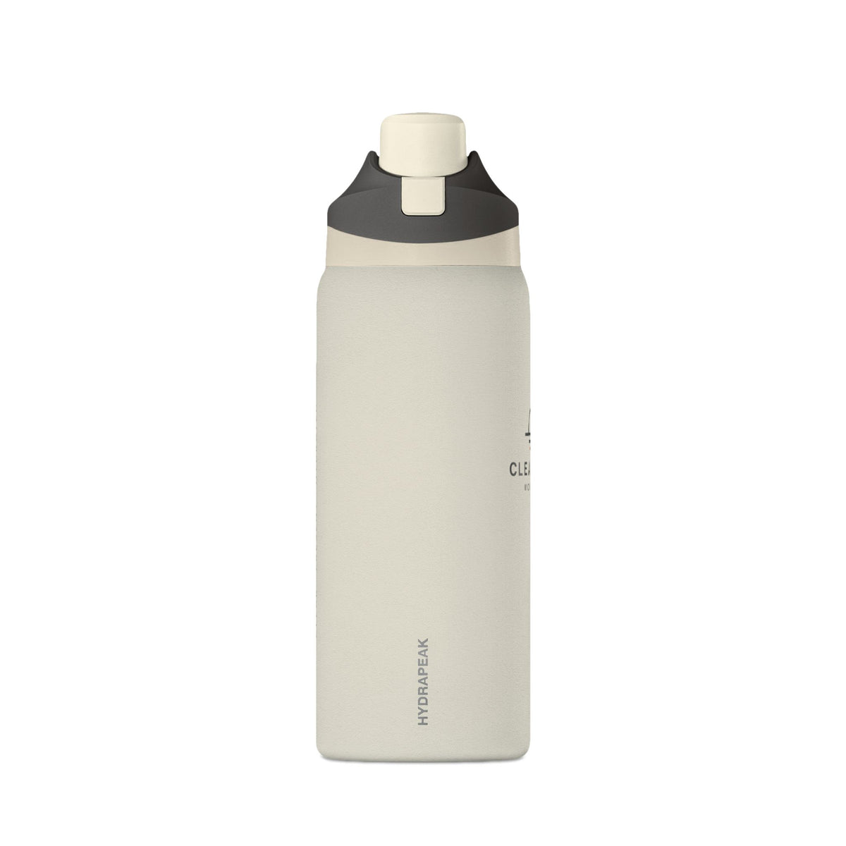 Clear Path 32 oz insulated water bottle in ivory, shown from the side with a dark collar and carry handle.