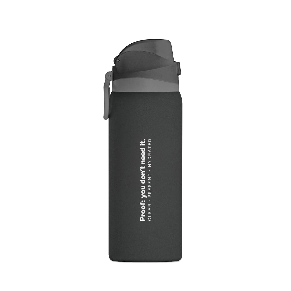 Black Clear Path 32 oz bottle with vertical white “Proof you don’t need it.” lettering and a carry handle.