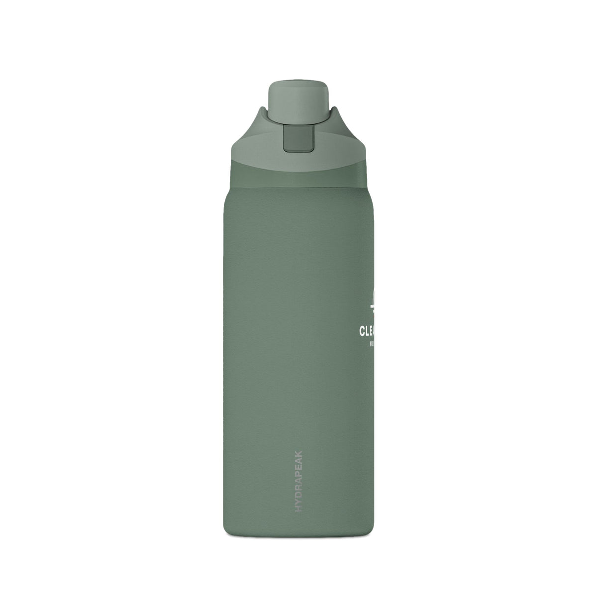 Clear Path 32 oz insulated water bottle in sage green, shown from the side with a lid and carry handle.