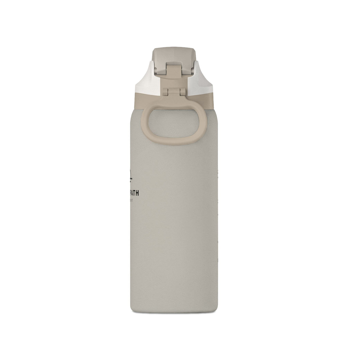Rear view of a light neutral Clear Path 32 oz insulated bottle, showing the carry handle and lid.
