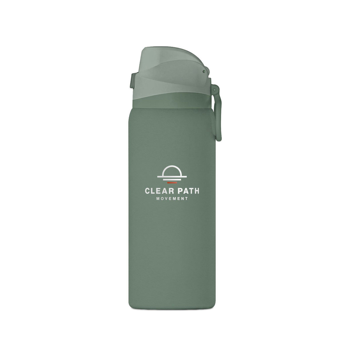 Sage green 32 oz insulated bottle with the white Clear Path Movement logo centered on the front.