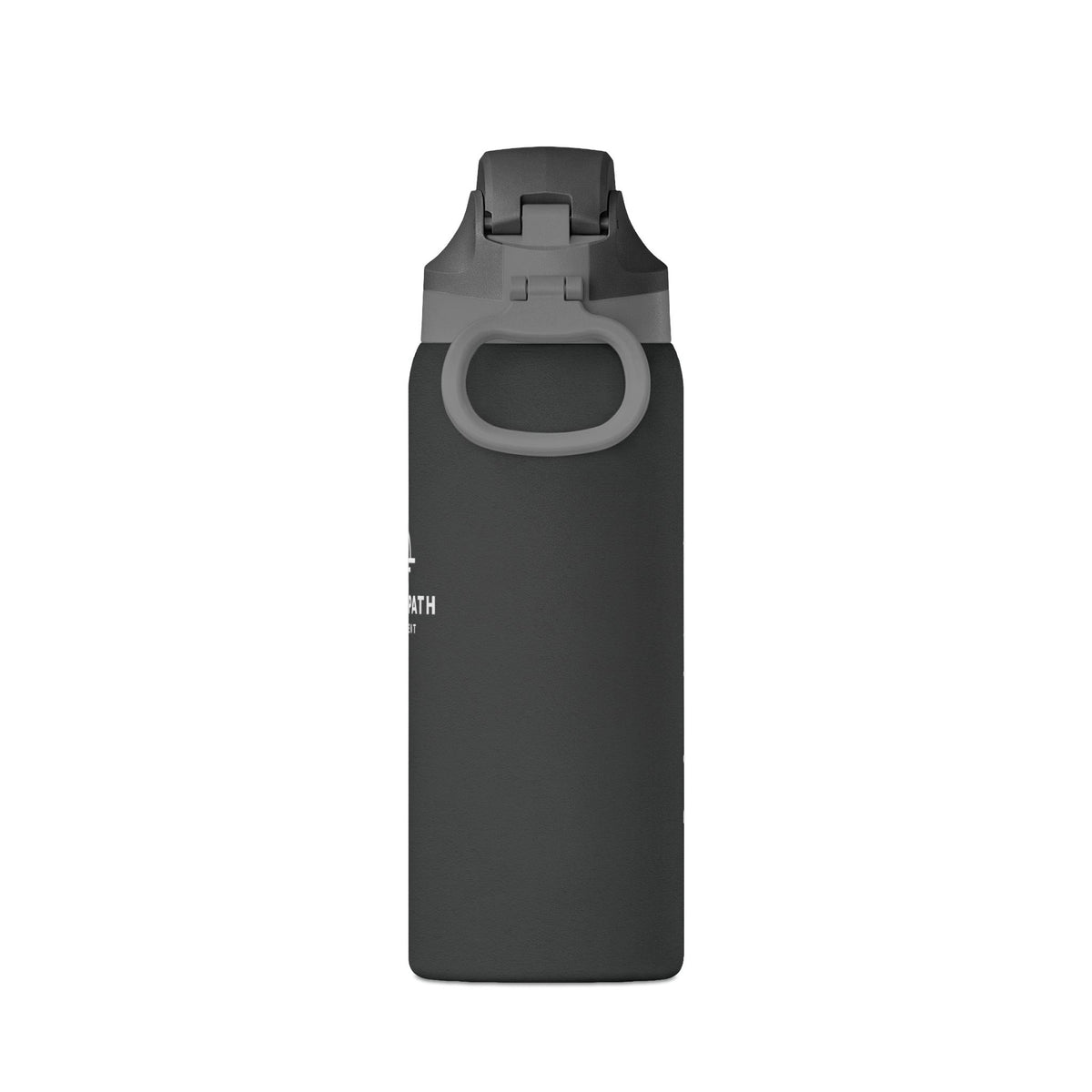 Rear view of a black Clear Path 32 oz insulated bottle, showing the carry handle and lid.