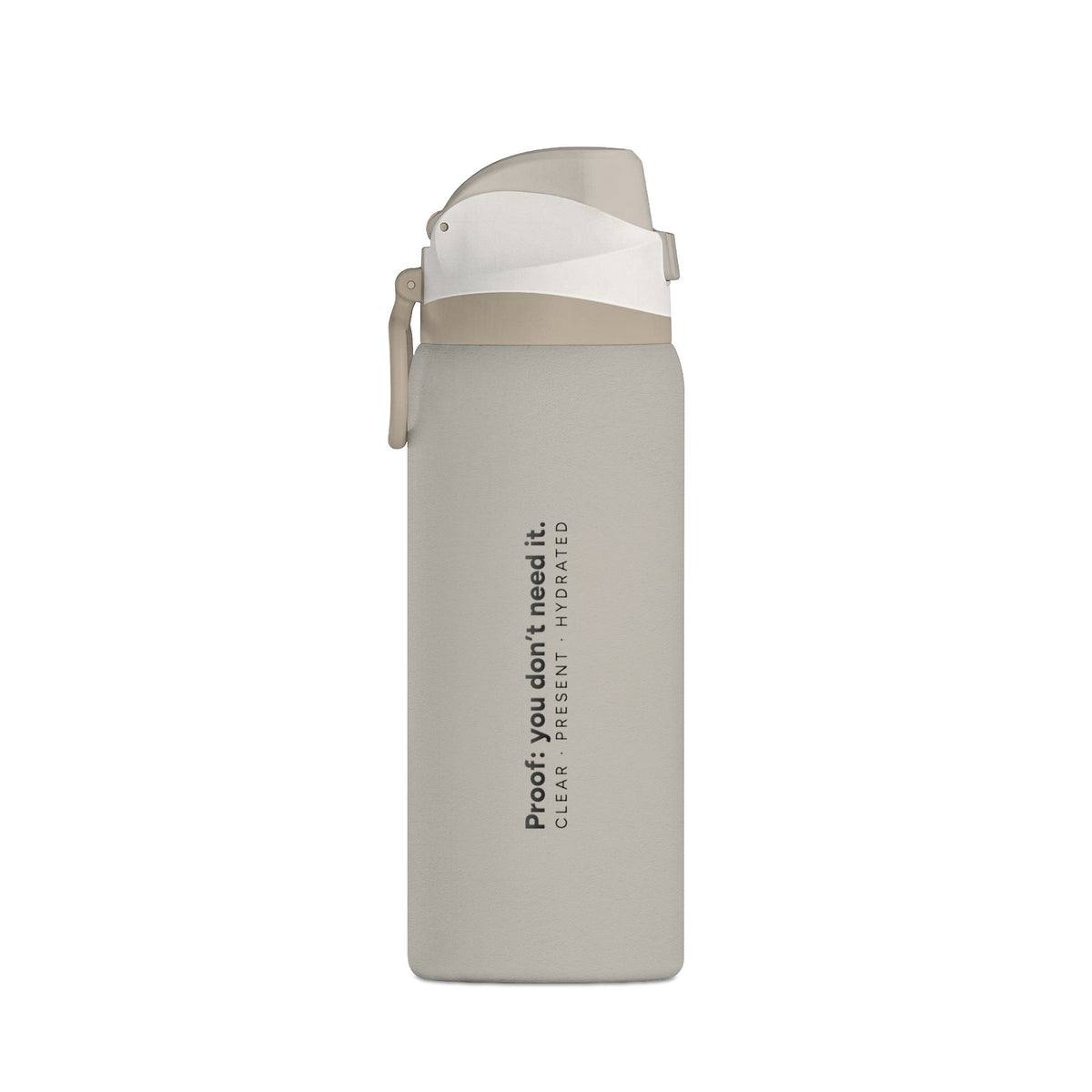 Light neutral Clear Path 32 oz bottle with vertical “Proof you don’t need it.” lettering and a carry handle.