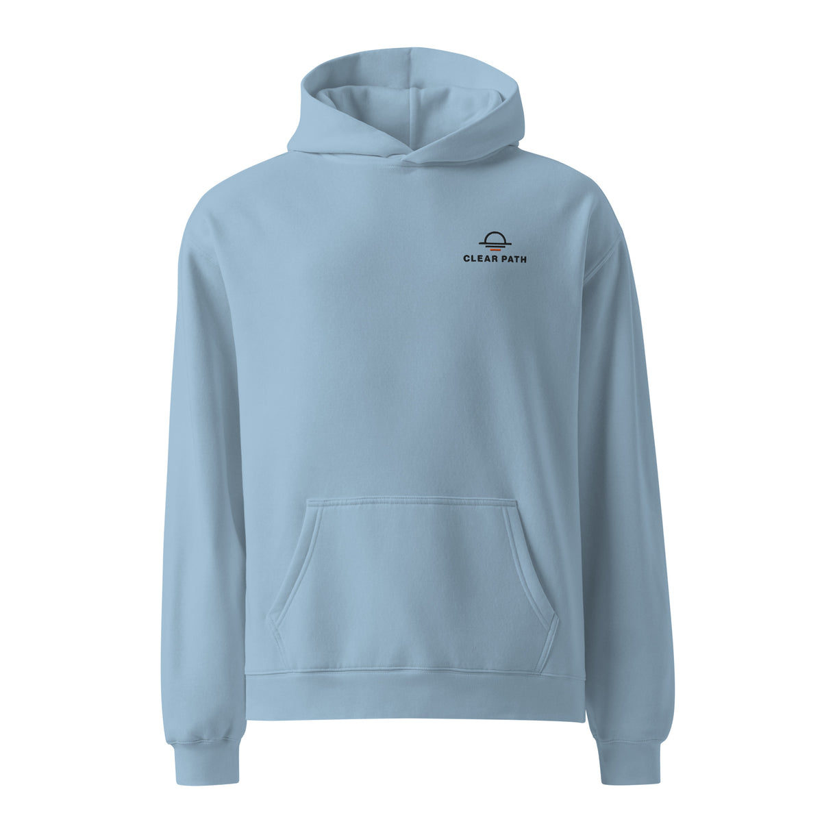 Turns Out I Could hoodie in Carolina Blue, front view with embroidered Clear Path chest logo.