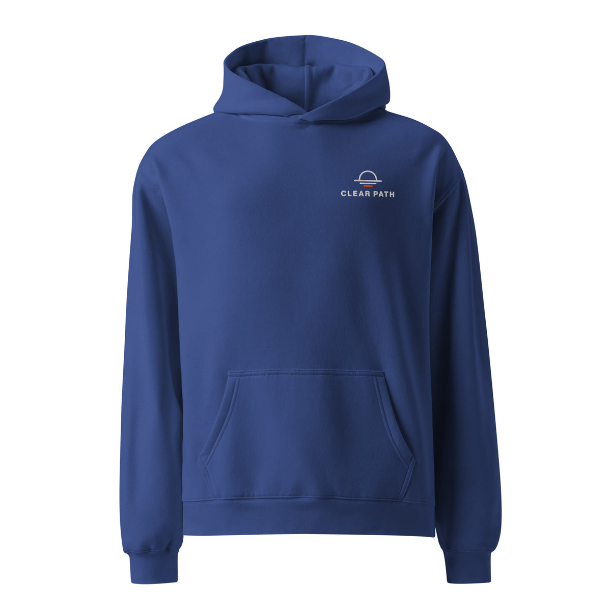 No Edits. Just Me hoodie in Cobalt, front view with embroidered Clear Path chest logo.