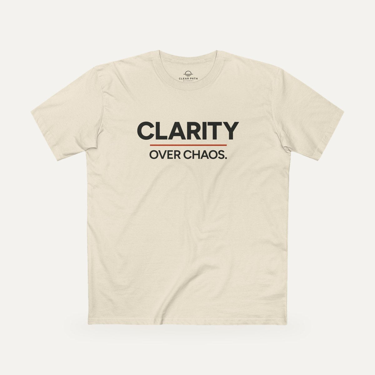 Front of the natural Clarity Over Chaos staple tee