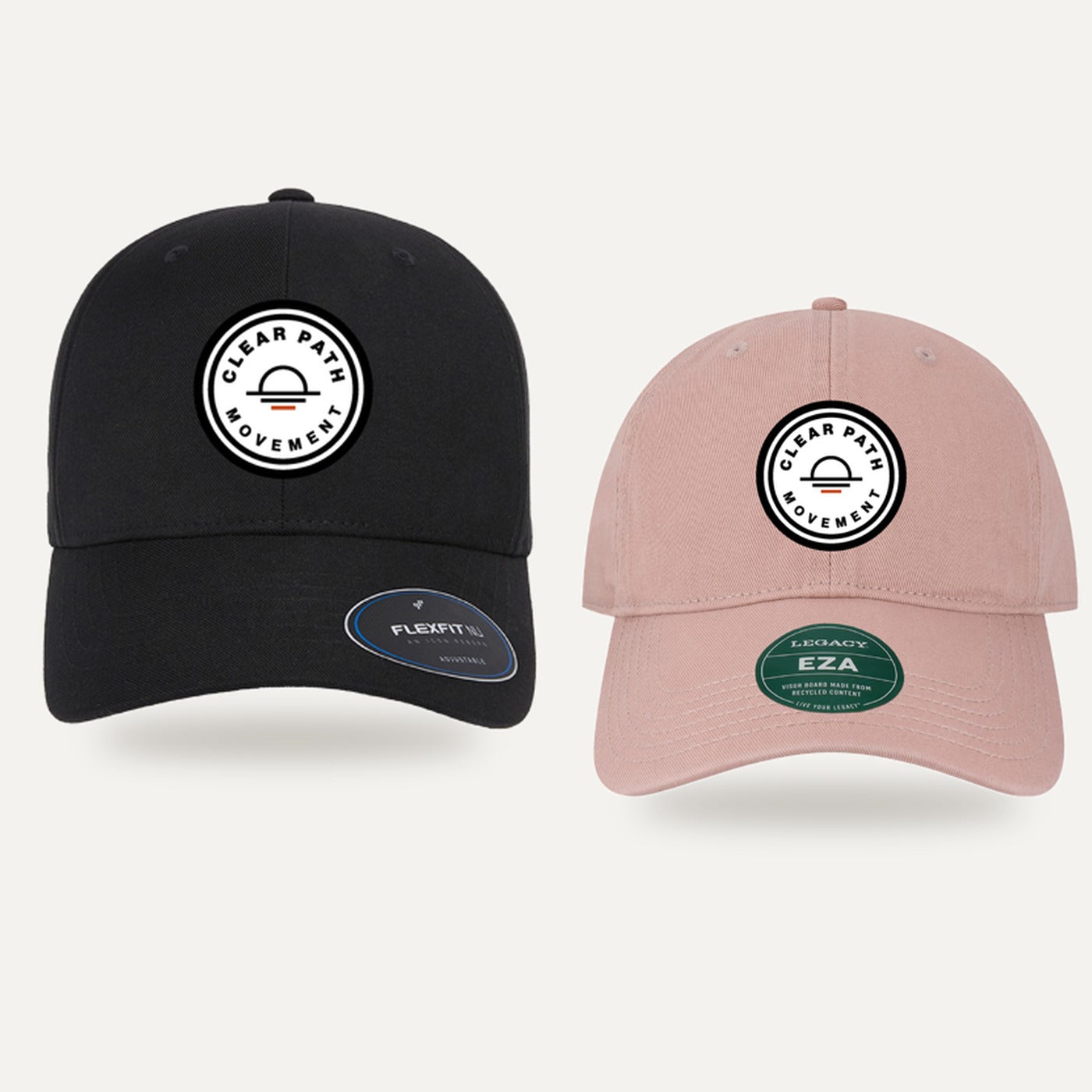 Front of the black and rose Clear Path Movement hats with the round patch